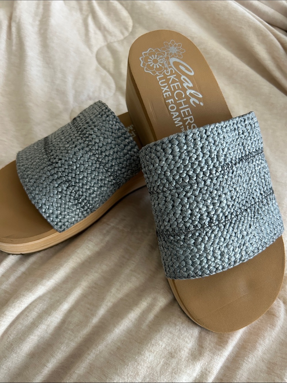 Skechers Woven Slide Sandals - Light bluish grey Upper with Tan Sole